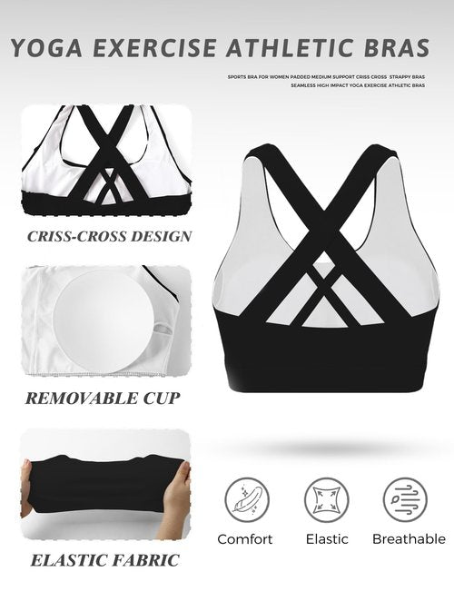 Buauty 2 Packs Sports Bras for Women, High Impact Yoga Workout Bra, High Support Criss-Cross Back Bras for Large Bust, Wireless Padded Athletic Strappy Racerback Sports Bra, Black+White L