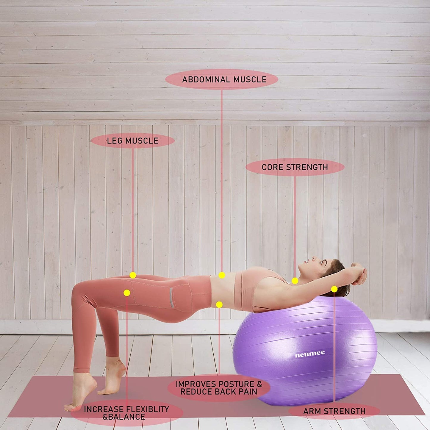 NEUMEE Yoga Ball Chair with 65cm Exercise Ball & 2 Resistance Bands, Stability Base for Home Office, Yoga, Pilates & Fitness, Balance Ball for Posture, Core Strength & Low Impact Workouts (Purple)
