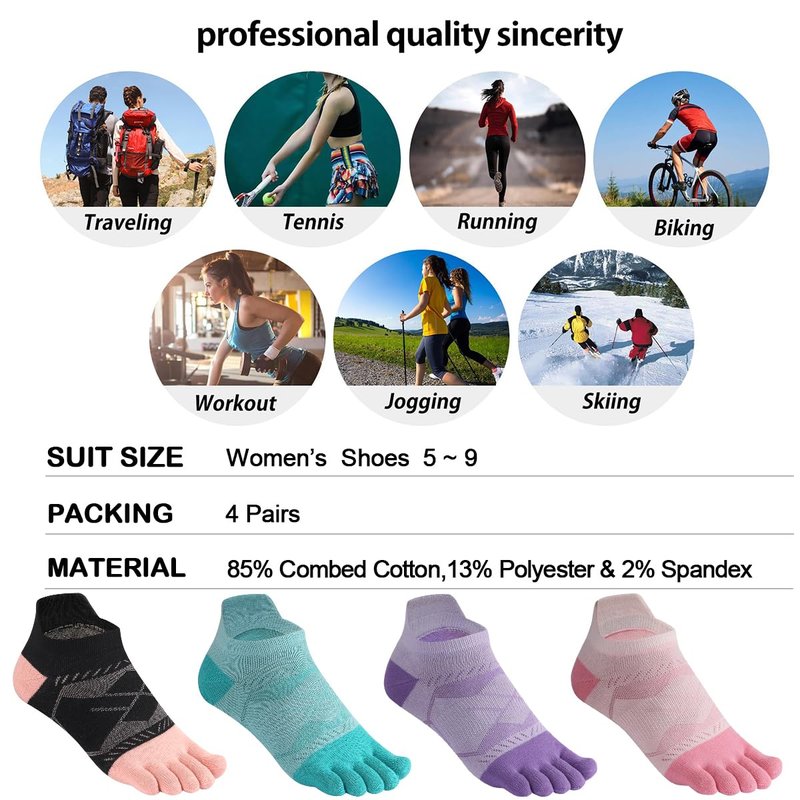 Meaiguo Women's Toe Socks Cotton Ankle Five Finger Socks For Running Athletic,Breathable & Arch Support 4 Pairs
