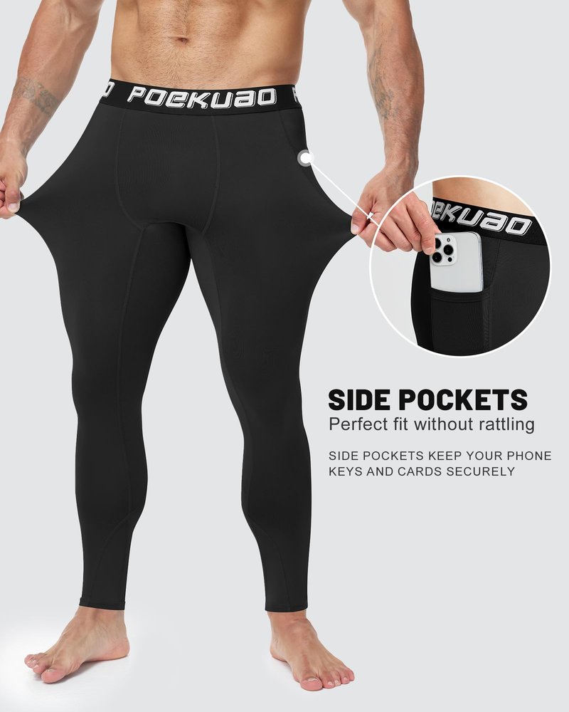 Poekuao 2 Pack Mens Running Tights Sports Workout Leggings with Pockets Breathable Athletic Base Layer for Gym Basketball Black/Black XL