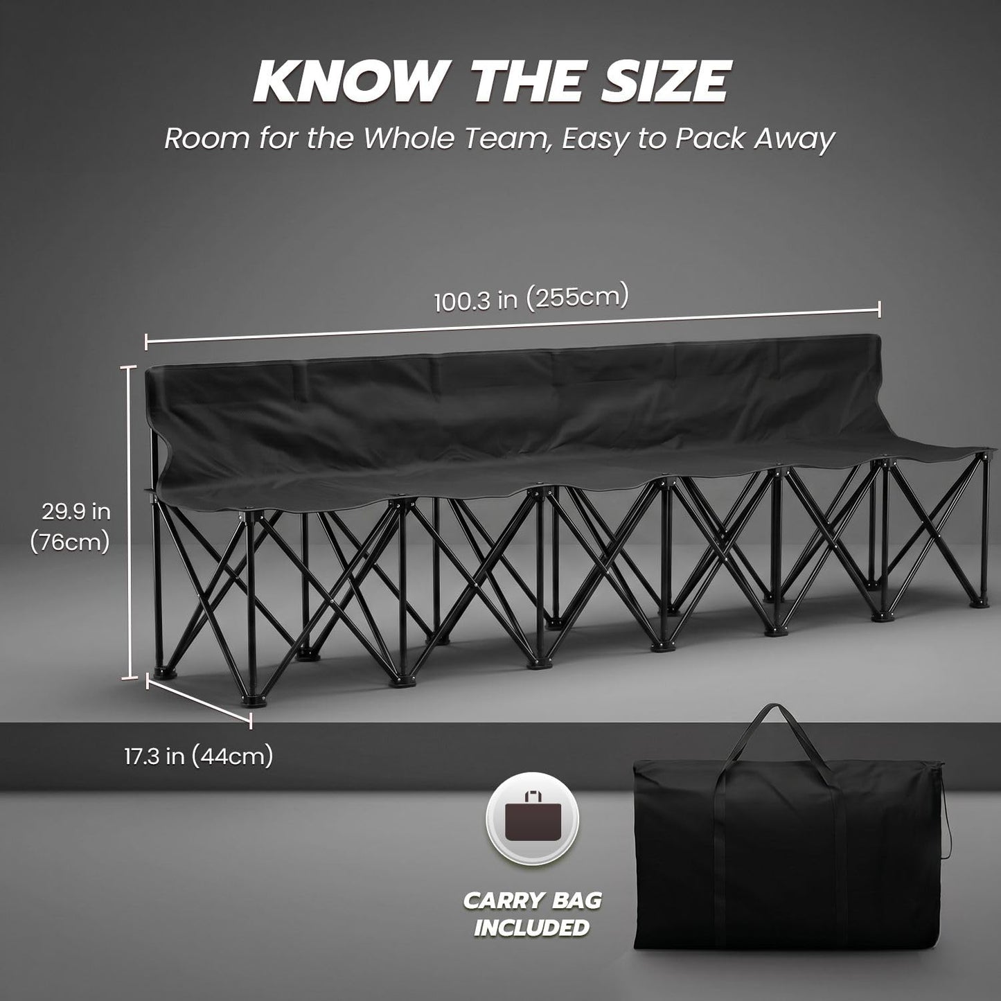 Flexzion Portable Folding Bench Seat, 6 Seater, Collapsible Soccer Bench, Portable Bench Seats for Bleachers, Camping, Sideline, with Back Rest and Carrying Bag, Black