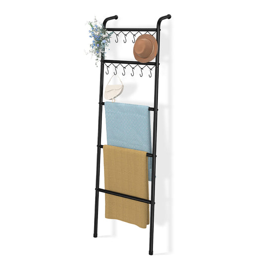 Simple Trending Blanket Ladder，5 Tier Metal Towel Rack with 12 Hooks, 79'' Metal Style Decorative Ladder for The Living Room Bedroom Bathroom Home Decor, Black