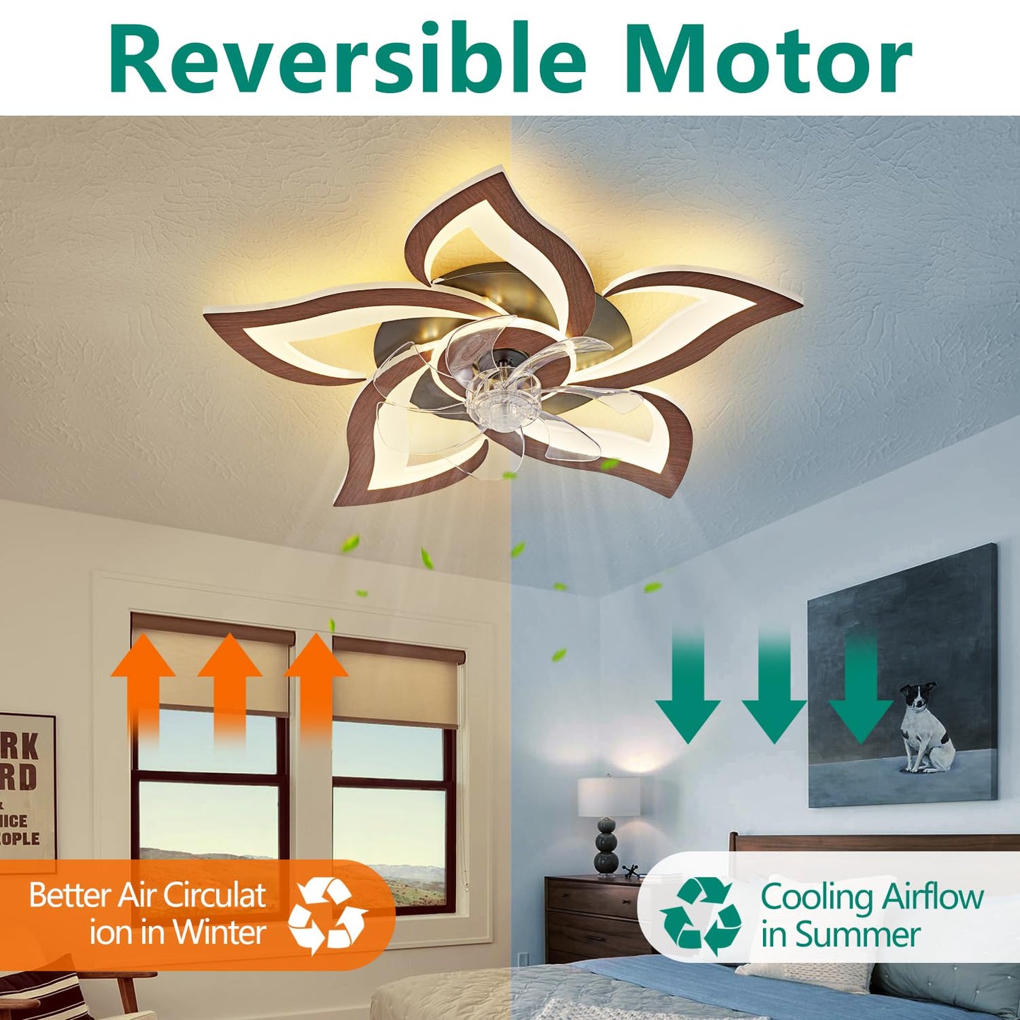 HuixuTe 24" Wood Geometric Ceiling Fan with Lights Remote Control, Low Profile Ceiling Fan with Light for Kitchen Bedroom Living Room