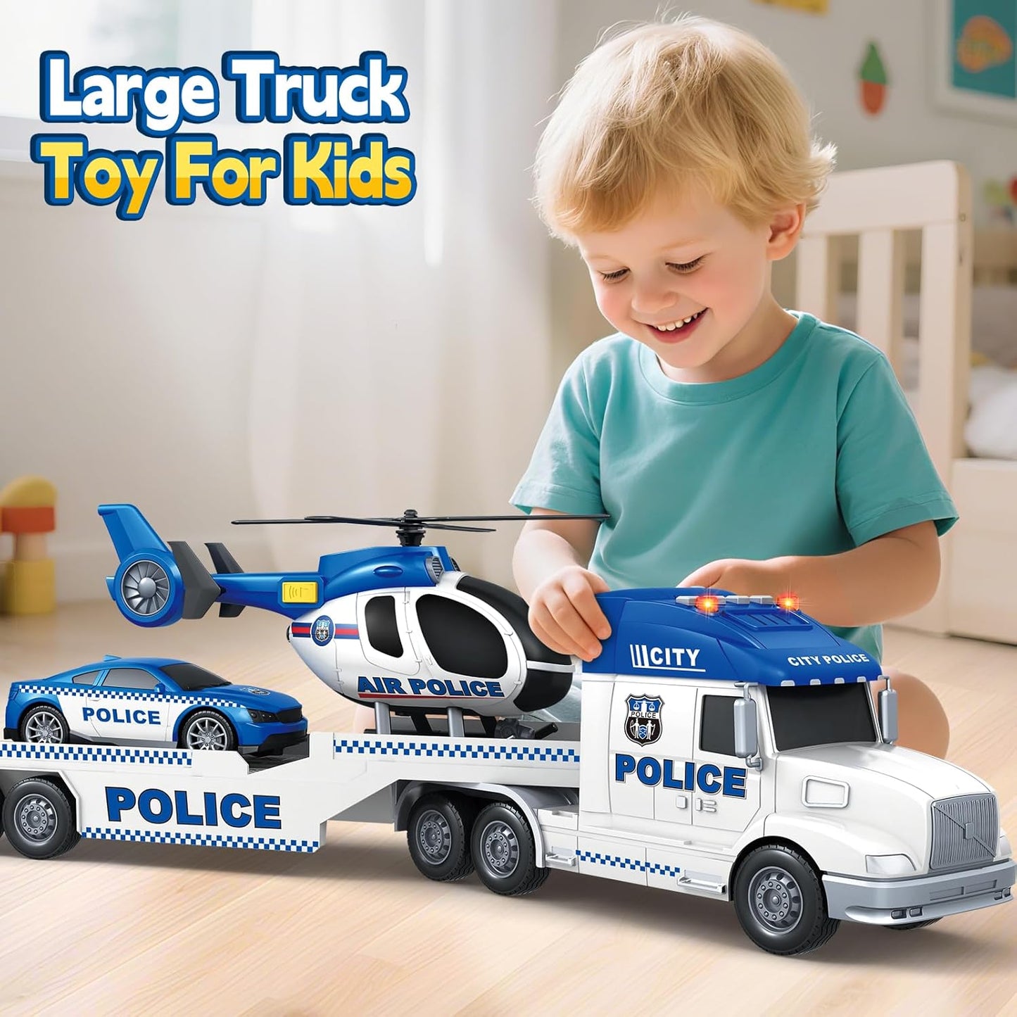 SpringFlower Police Truck Toy Set - Extra Large 3-in-1 with Racing Car & Helicopter | Perfect Birthday Gift for Boys & Girls Ages 3-6
