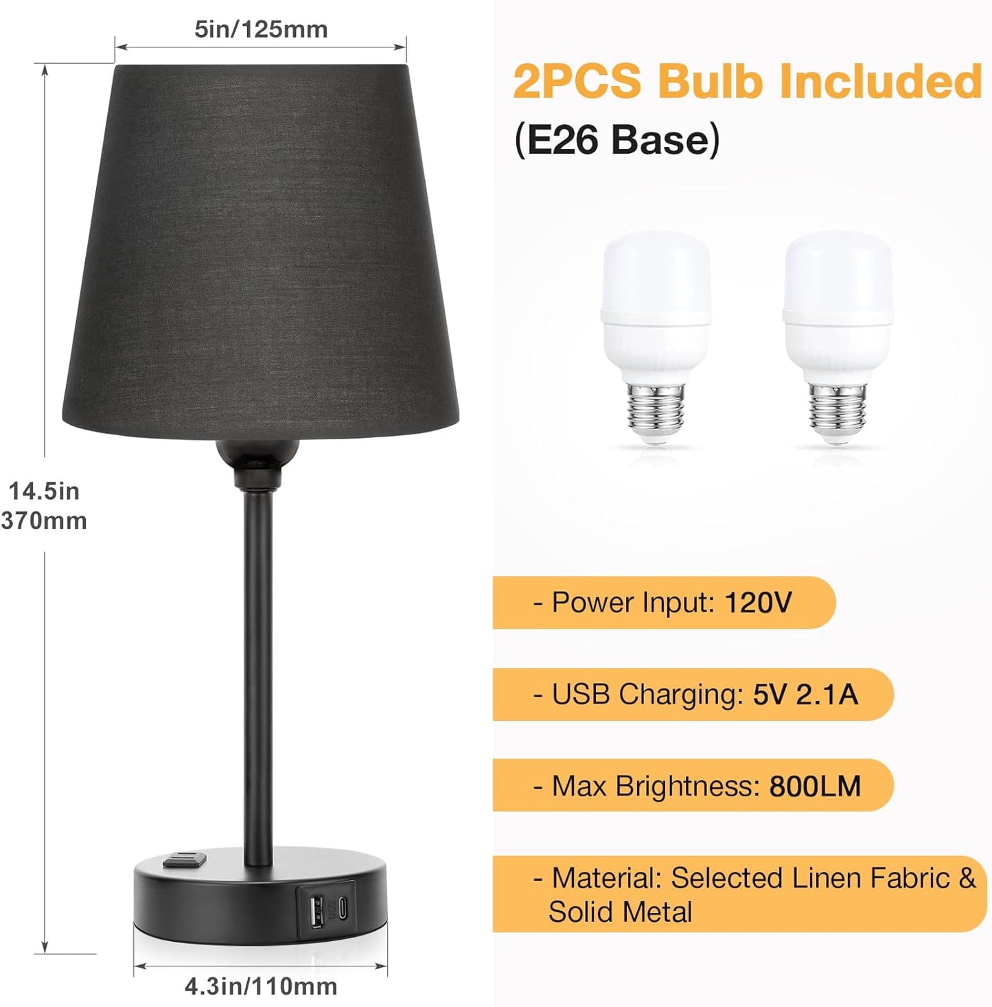 Set of 2 Mini Bedside Lamps with USB-C & AC Outlet - Dimmable Touch Nightstand Lights for Bedrooms