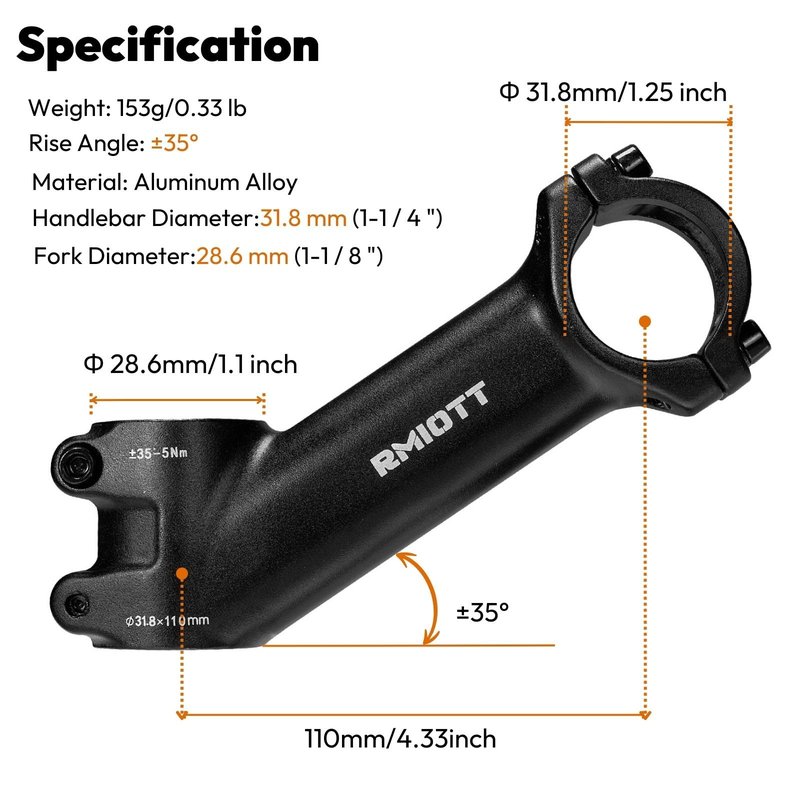 Rmiott 31.8 Bike Stem 70mm Length 35 Degree Bike Handlebar Riser for Mountain Road Bike - Aluminum Black