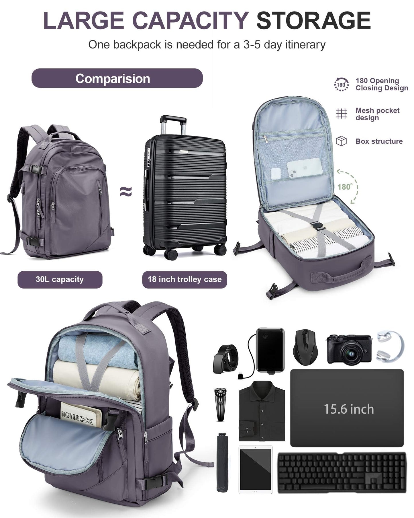 BJLFS Large Travel Backpack for Women Men,Carry On Backpack,Hiking Backpack Waterproof Outdoor Sports Rucksack Casual Work Gym Weekender Daypack Travel Essentials（simple, Purple）