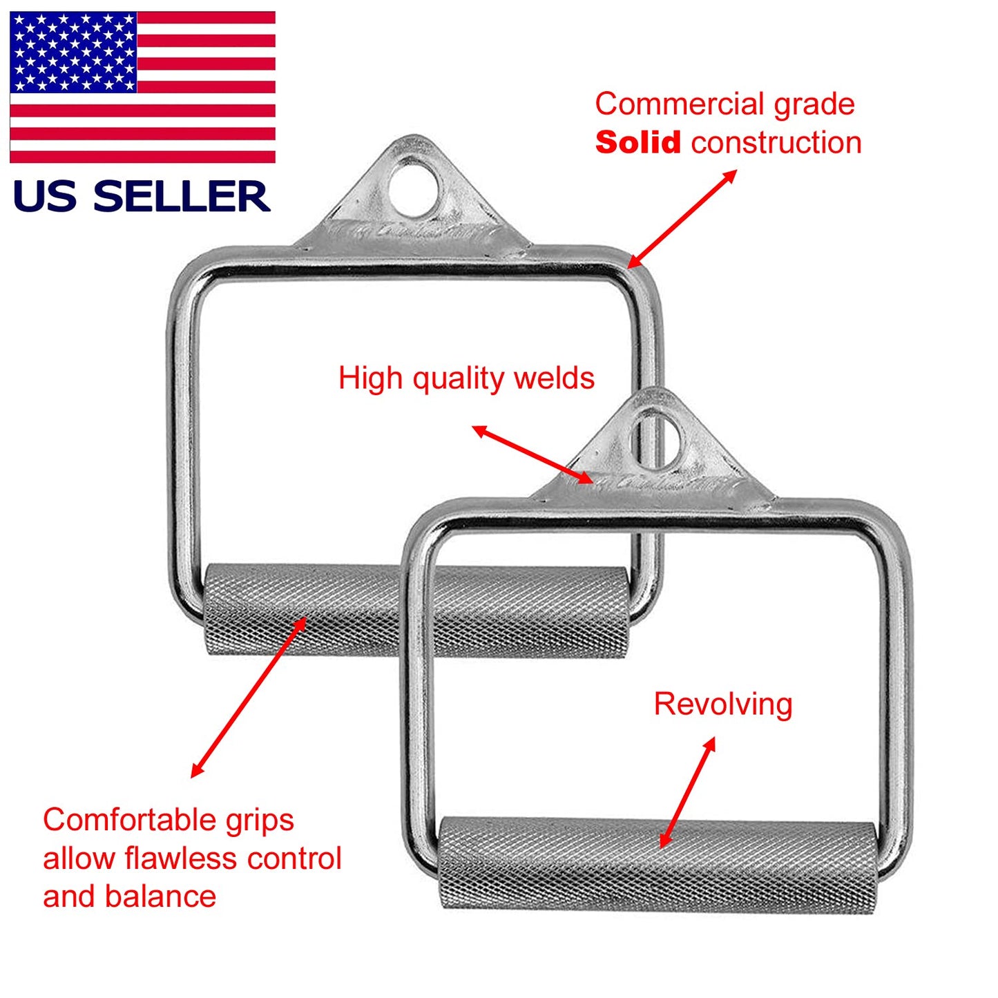 FITNESS MANIAC Heavy Duty Steel Grip Stirrup Cable Metal Silver D Handle Home Gym Crossover Cable Attachments Machine Bar Workout Training