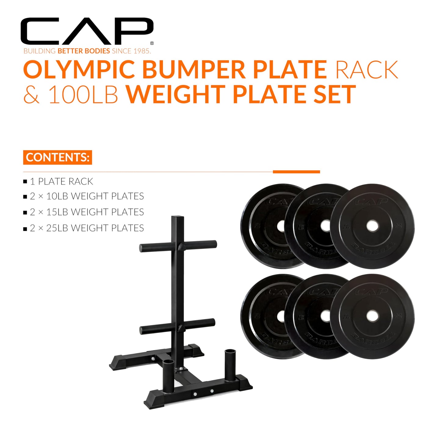 CAP 100 lb Elite Olympic Bumper Plate Set with Compact Storage Rack, 2-Inch Olympic Plates, Medium Bounce Rubber Weight Plates with Stainless Steel Hub, 4 Weight Posts & 2 Barbell Holders for Weightlifting, Strength Training & Home Gym Workouts