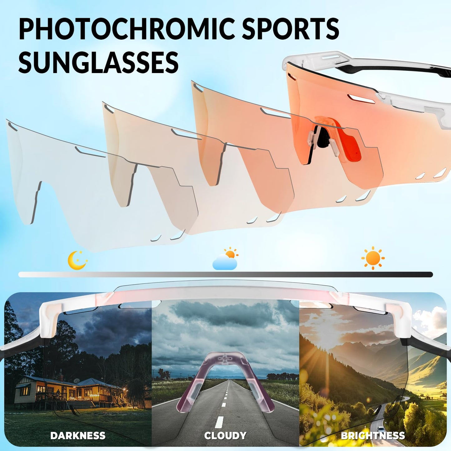 ROCKBROS Cycling Glasses, Photochromic Sports Sunglasses for Men Woman, UV Protection Biking Sunglasses