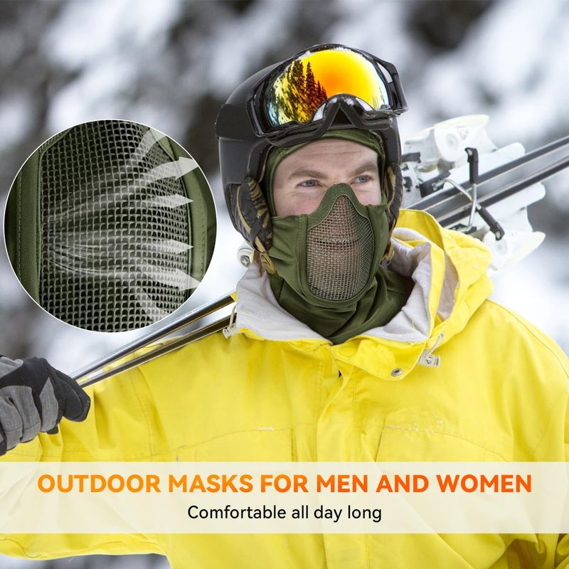 Qavctw Tactical Balaclava Mask Full Face Airsoft Mask with Mesh Mouth Guard Lightweight Breathable for Airsoft Motorcycle Snowboarding Outdoor Sports Green