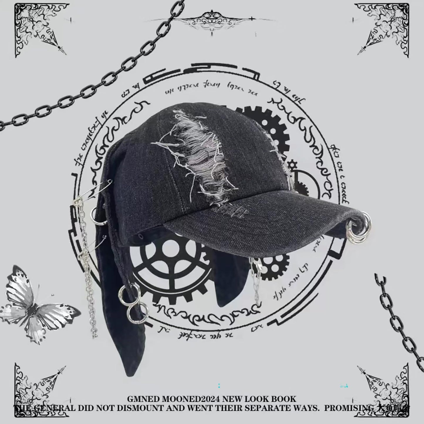 CORIRESHA Cute Bunny Hat with Ears Y2k Grunge Metal Iron Ring Chain Distressed Denim Baseball Cap