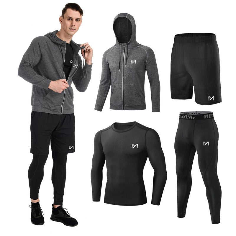 MEETYOO 4/5 Pcs Men's Compression Sets Pants Long Sleeve Shirt Athletic Shorts Running Jacket