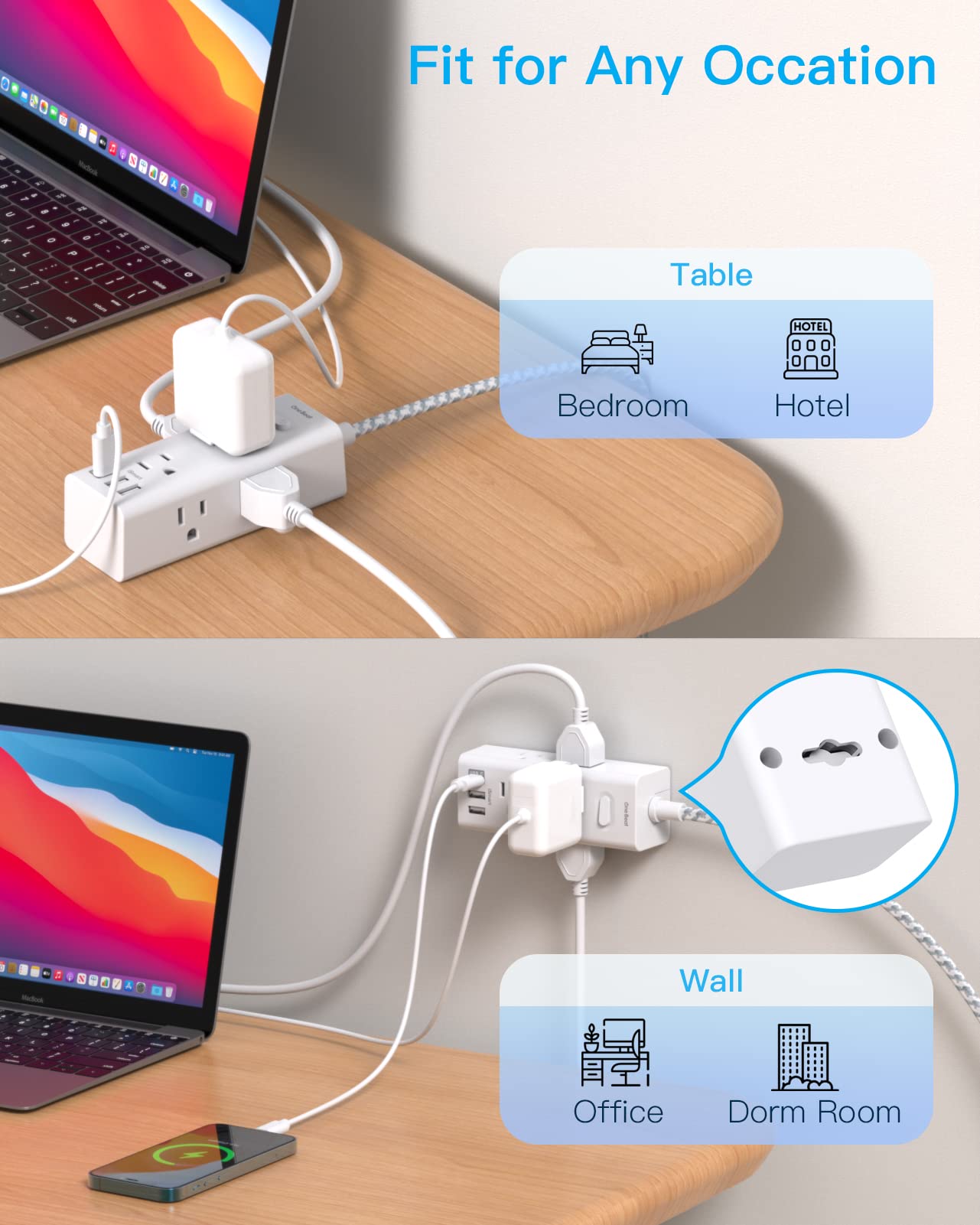 Power Strip Surge Protector - 6 Widely Outlets with 3 USB Ports (1 USB C), 3-Side Outlet Extender Strip, 6 Ft Extension Cord Flat Plug, Wall Mount Small Power Strip for Travel Home Office College Dorm