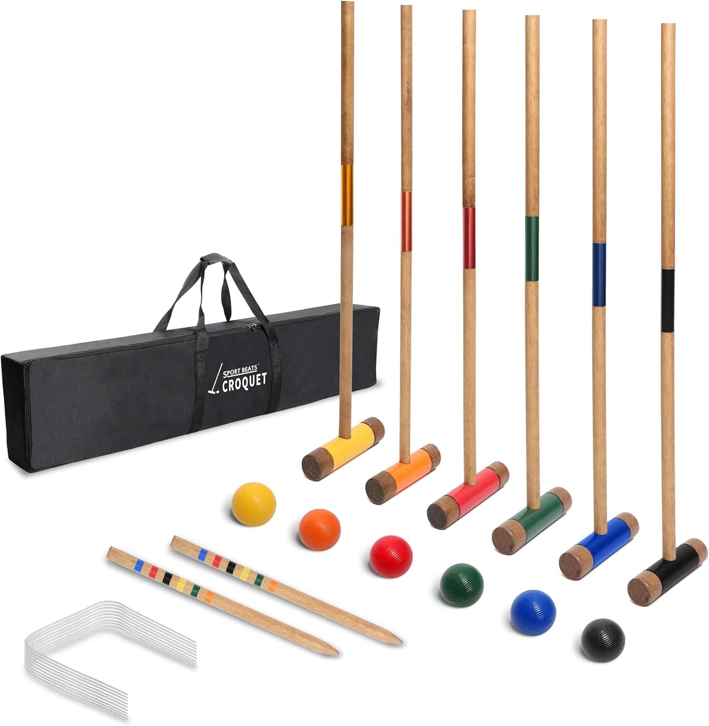 Sport Beats Croquet Set - Six Player Rubberwood Mallets, Carry Case, 6 Balls & 9 Wickets for Outdoor Fun