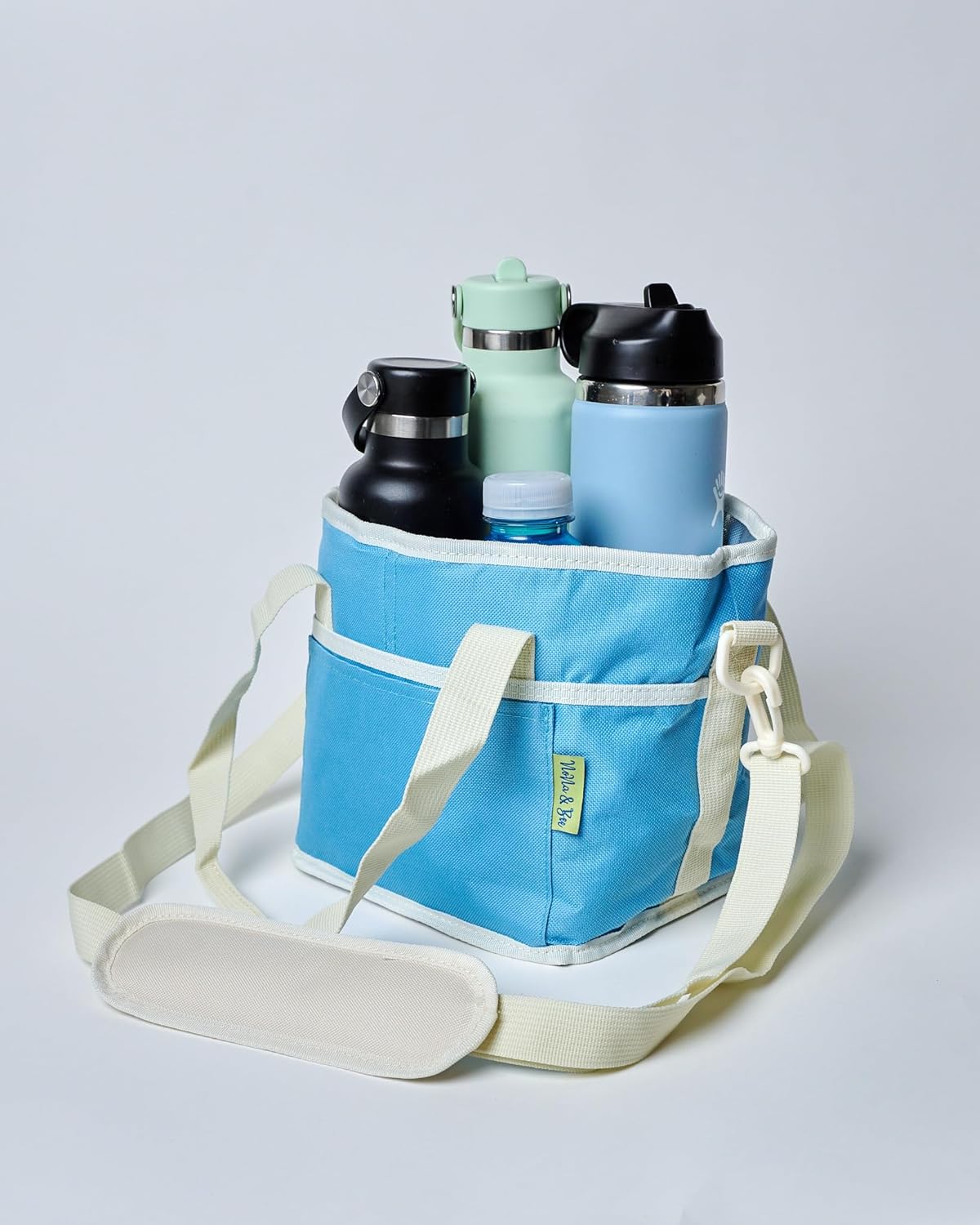 NoNa & Bee Water Bottle Holder with Strap - Family Size 4 Compartment Drink Bag | Adjustable Tumbler Carrier for Large & Small Drinks | Hands-Free Design, Stable in Car