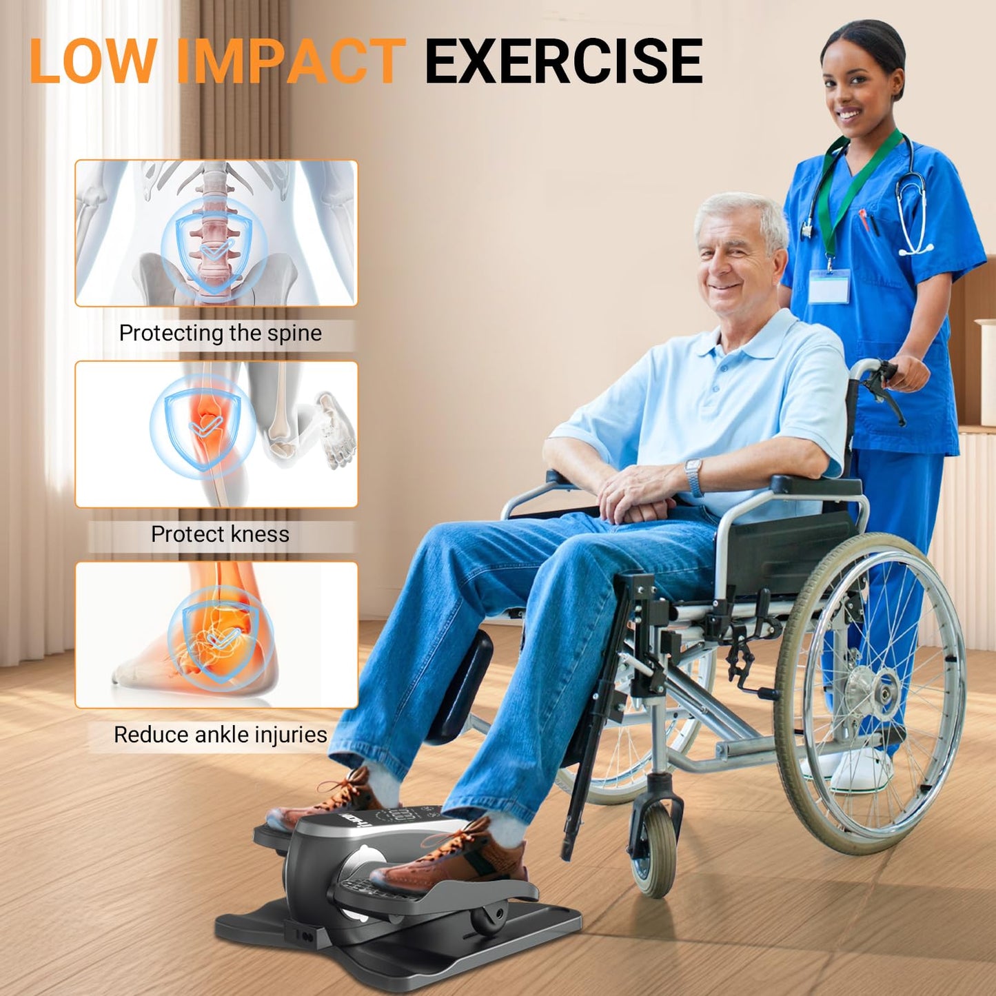 Under Desk Elliptical Machine, Electric Leg Exerciser for Seniors with 12 Adjustable Speeds, Auto & HR Modes, Portable Quiet Seated Pedal Exerciser with Remote Control