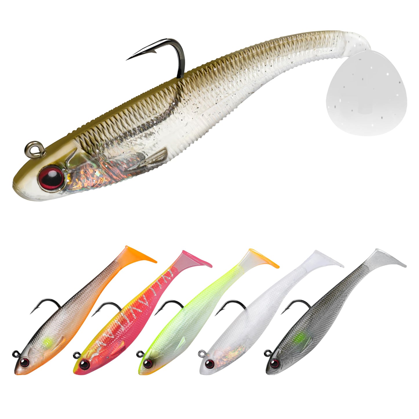 TRUSCEND Shadtale Easy Catch Soft Fishing Lures with BKK Hooks - Trembly Sinking and Vibrating Swim for More Bites, Pre-Rigged Swimbaits for Bass, Trout, Crappie, Walleye, Freshwater Saltwater Fishing