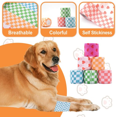 6 Roll 2 Inch x 5 Yards Checkered and Heart Print Pet Vet Wrap for Dogs Cats, Cohesive Bandages in Bulk, Non-Woven Self Adhesive Bandages Wrap Roll for Animals Wound Care, Ankle Sprains and Swelling