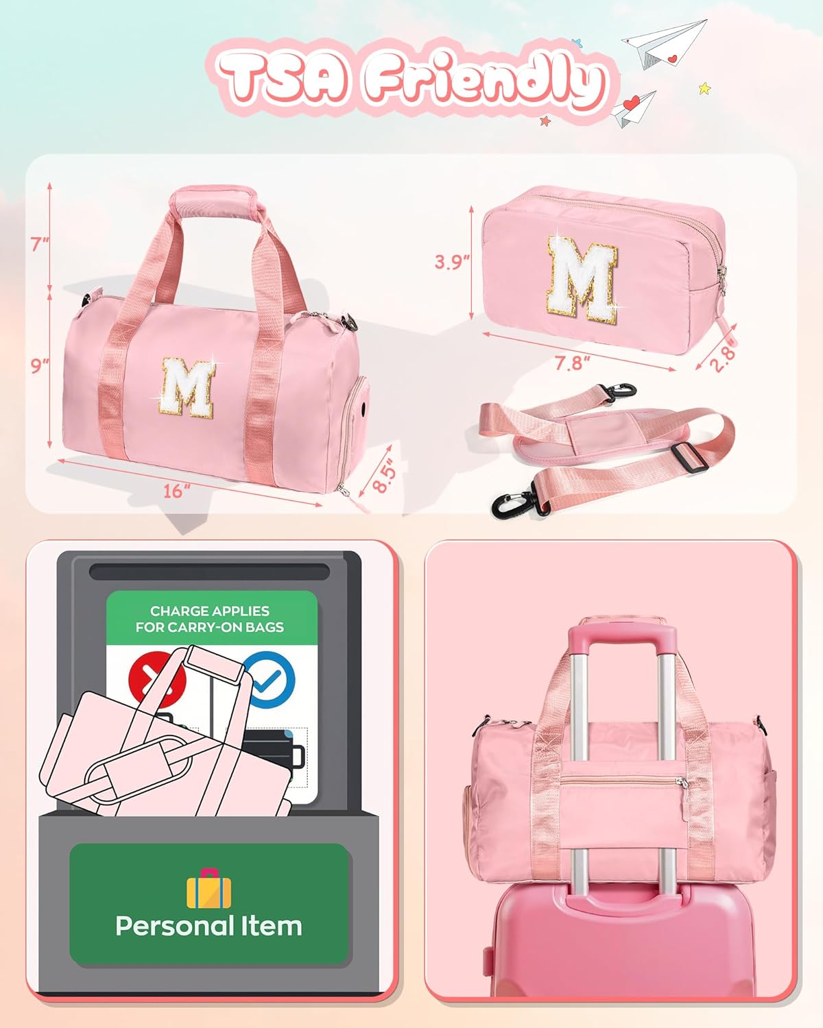 Skiennix Girl Gym Bag - Personalized Weekender Tote with Shoe Compartment & Makeup Pouch | Ideal Gift for Teens and Kids (Letter T)