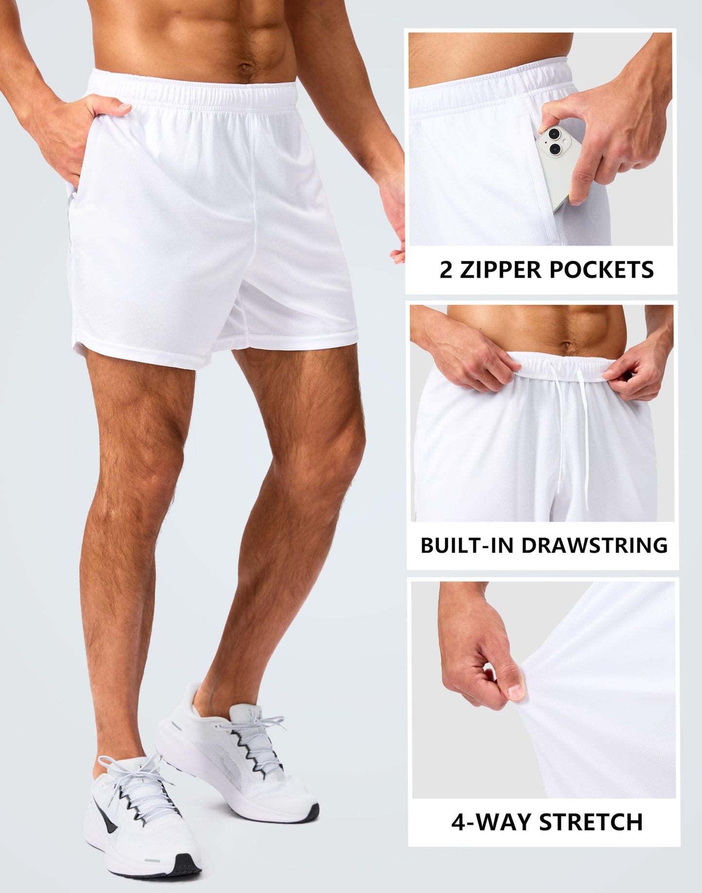 G Gradual Men's Gym Shorts 5"/7"/10" with Zipper Pockets Basketball Athletic Mesh Quick Dry Shorts for Workout Running Tennis (5 inch, White, Medium)