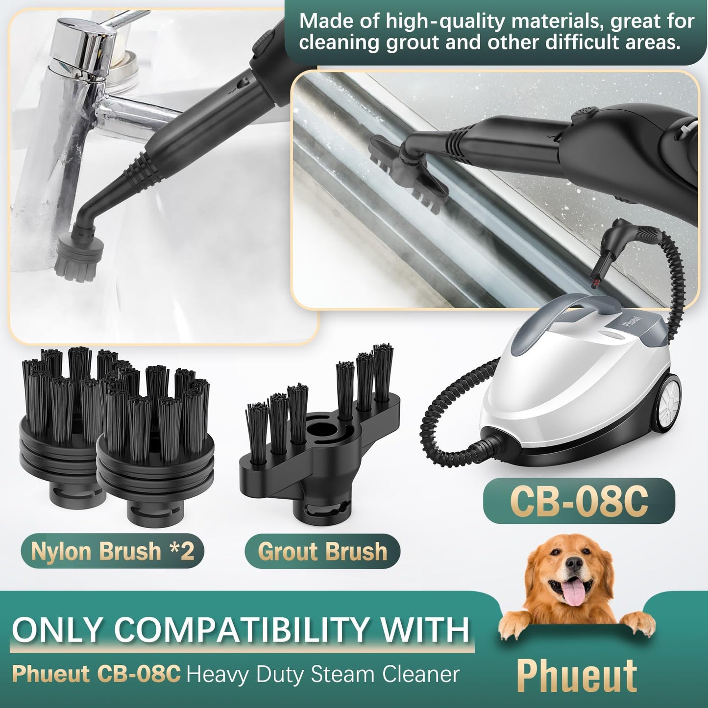 CB-08C Replacement 2 Pack Nylon Brushes & 1 Pack Grout Brush for Steam Cleaner, Replacement Steam Cleaner Accessories for Multi-Surface Cleaning, Ideal for Tile, Sink, Grout, Floor, Car, Door Track