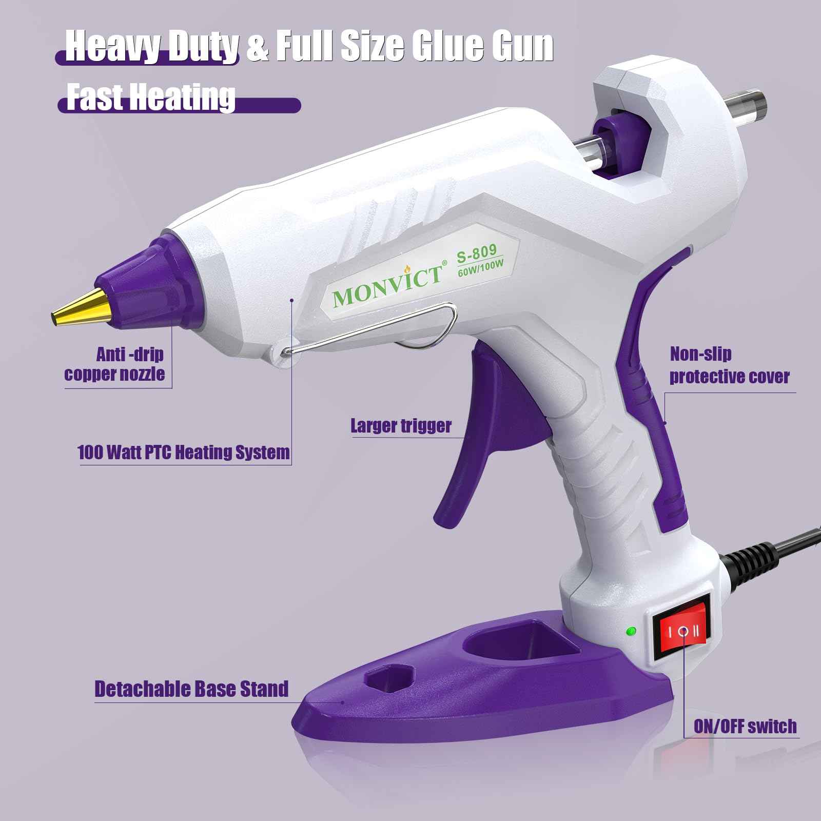 MONVICT Full Size Hot Glue Gun with 60/100W and On/Off Switch, Dual Temp Heavy Duty Industrial Hot Melt Glue Gun with 15 Hot Glue Sticks (7/16") and 3 Finger Protectors for Craft, DIY and Repairs