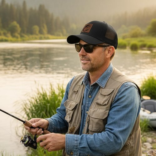 Fishing Leather Patch Trucker Hat-Adjustable Baseball Caps,Snap Back Trucker Cap Gift for Men Women Accessory