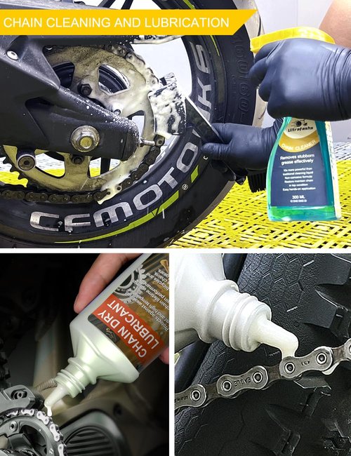 Ultrafashs Motorcycle Dirtbike Wash Kit - Premium Cleaning and Detailing Set for Mudguard,Rims and Paint.Includes Motorcycle Cleaner(560ML),Chain Clean(300ML) Dry Lubricant(120ML)