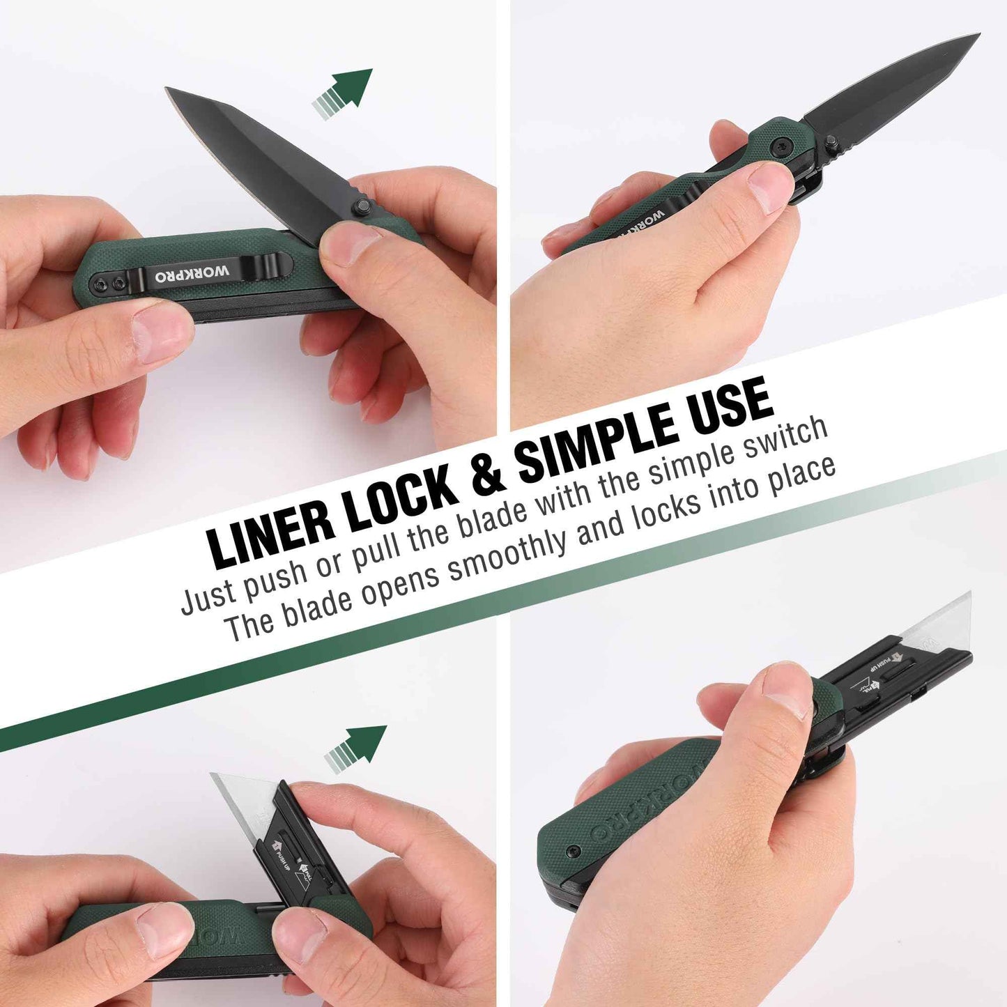 WORKPRO 2-in-1 Folding Knife/Utility Knife, Quick-Change Box Cutter with Belt Clip, Liner Lock, and G10 Handle, Extra 10 SK5 Blades Included, Green