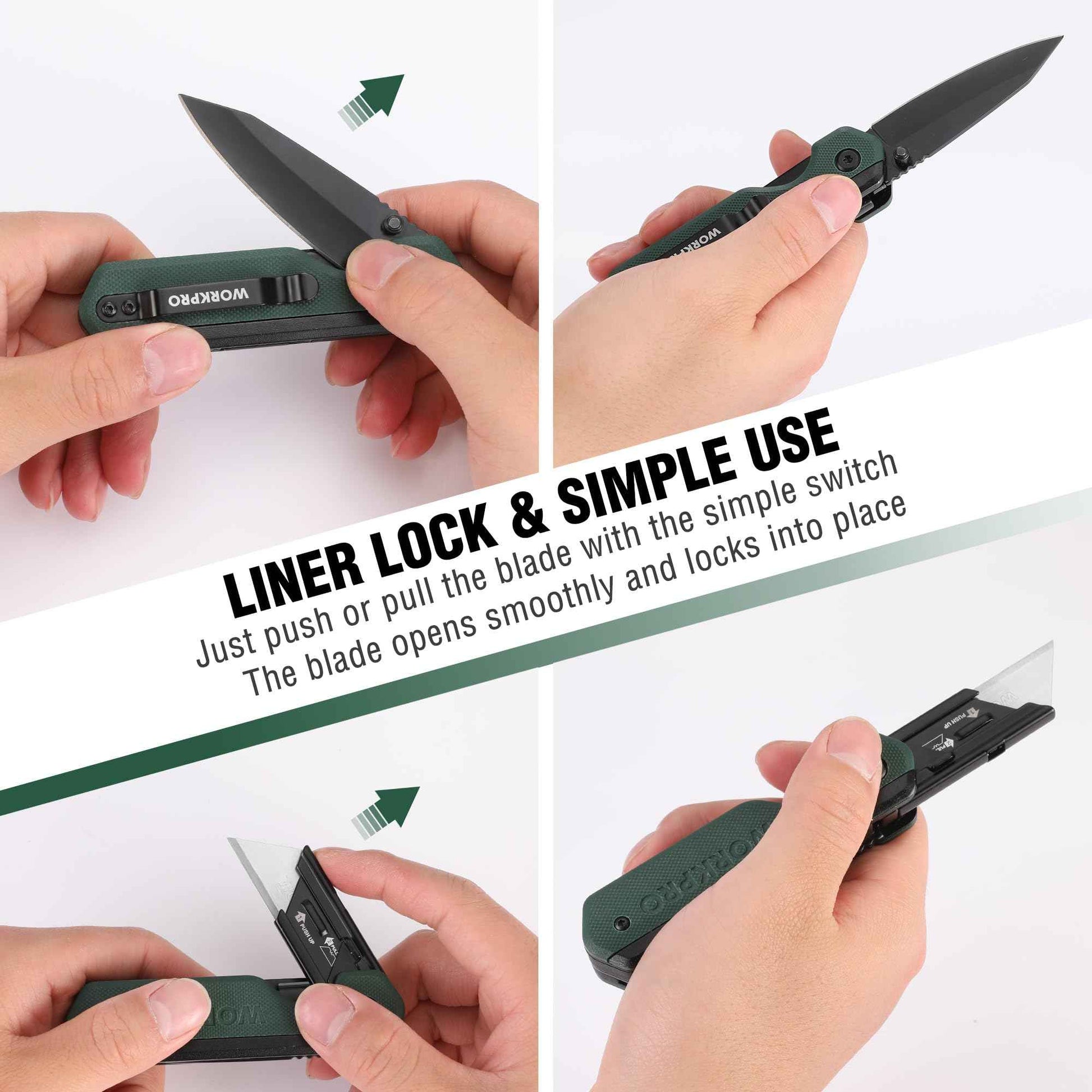 WORKPRO 2-in-1 Folding Knife/Utility Knife, Quick-Change Box Cutter with Belt Clip, Liner Lock, and G10 Handle, Extra 10 SK5 Blades Included, Green