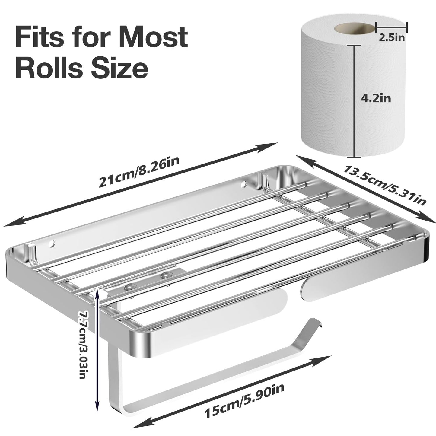 AIDILI Toilet Paper Holder with Phone Shelf, Self Adhesive Toilet Tissue Roll Holder Without Drilling, Rustproof Stainless Steel Tissue Paper Holder for Bathroom Hardware Accessories