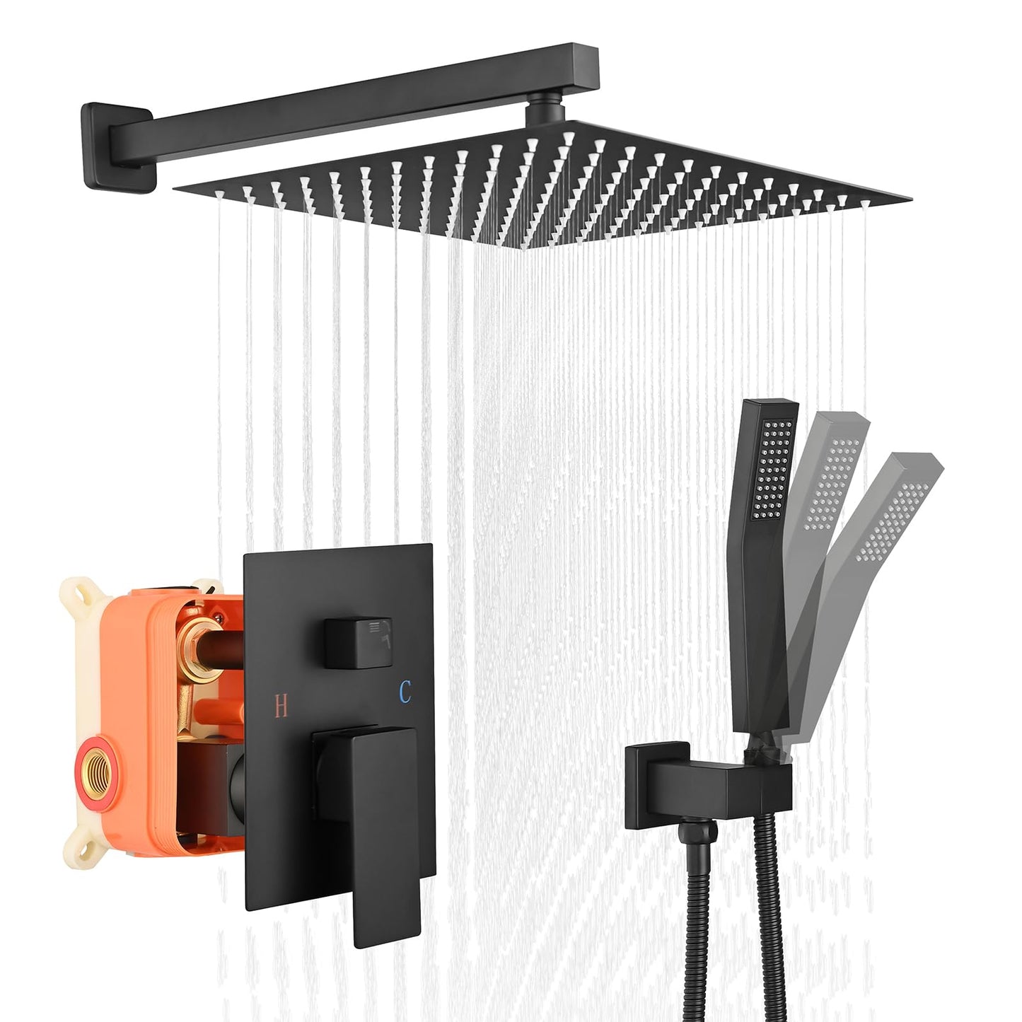 12 Inch Shower Faucet Set Matte Black Shower System with Square Shower Head and Handle Set, Wall Mounted Shower Fixtures Solid Brass Pressure Balancing Shower Mixer Valve, Matte Black