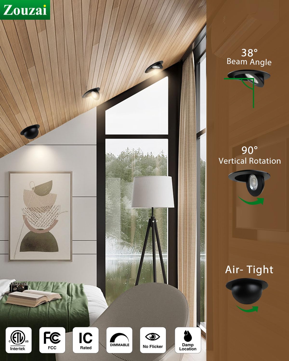 zouzai Classic 4 inch 5CCT Gimbal LED Recessed Light, 360°+90° Adjustable Directional Retrofit Eyeball Can Light with J-Box, Dimmable 2700K/3000K/3500K/4000K/5000K, ETL Certified (Black,12 Pack)