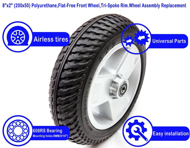 Mobility scooter replacement wheel,8"x2" (200x50) Flat-Free Front Wheel Tri-Spoke Rim for Go-Go & Pride 3-Wheel Travel Mobility Scooters (WHLASMB1872),W/bearing,Silver+Black,1Ea