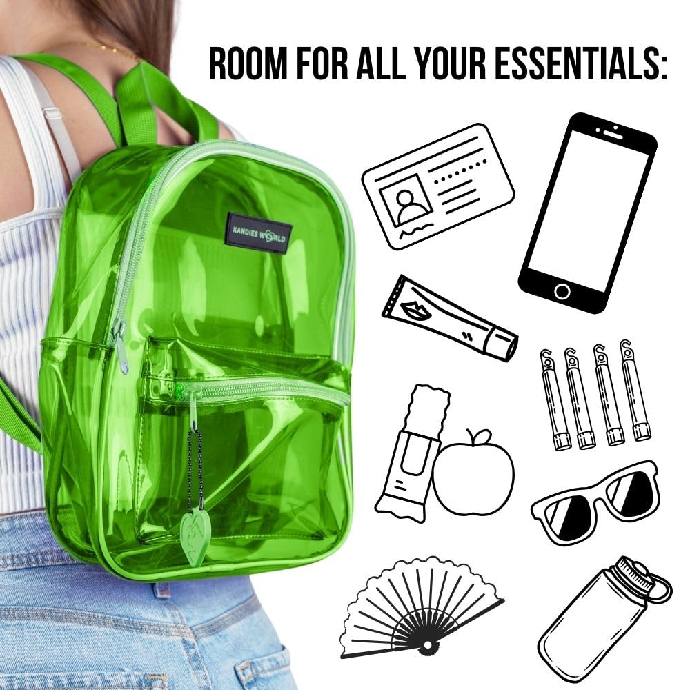 Kandies World Premium Clear Festival Backpack – Stylish Transparent Bag – Stadium Approved – Lightweight & Durable – 12”x10.5” (Green)