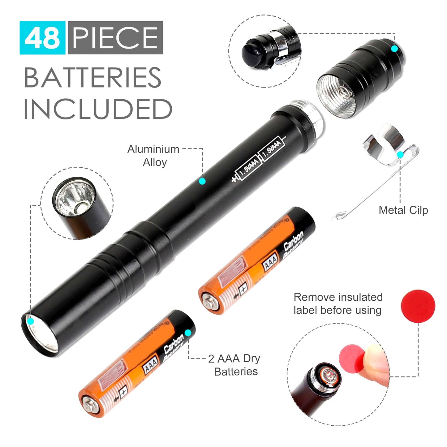 FASTPRO 24-Pack Pen Light, Aluminum LED Penlights with Batteries Included & Pre-Installed, Pocket Pen Flashlight for Inspections, Repairs, Camping and Emergencies