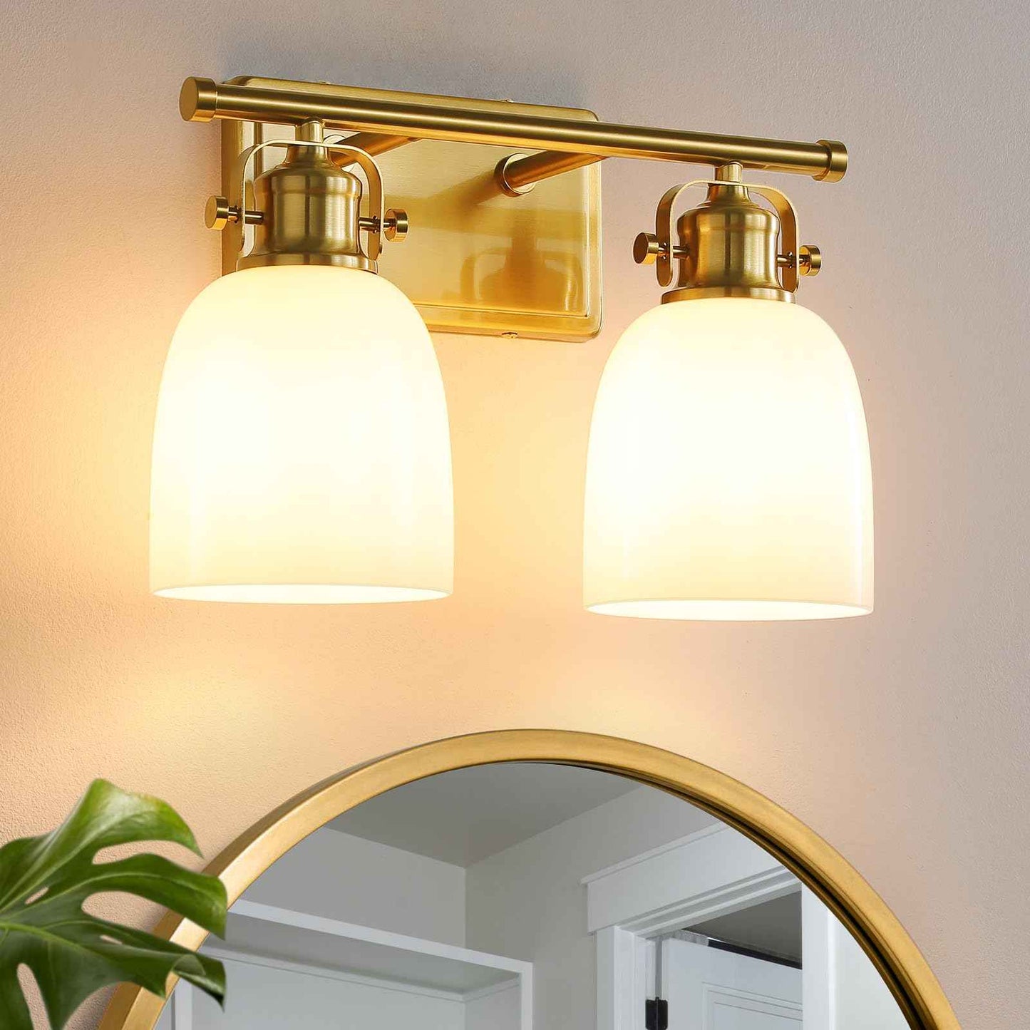 KAISITE Bathroom Vanity Light Fixture 2-Light Brushed Gold Vanity Light with Milky White Glass Shades Bathroom Lighting Fixture Over Mirror 14.2 Inch E26 Wall Sconce(Exclude Bulbs)