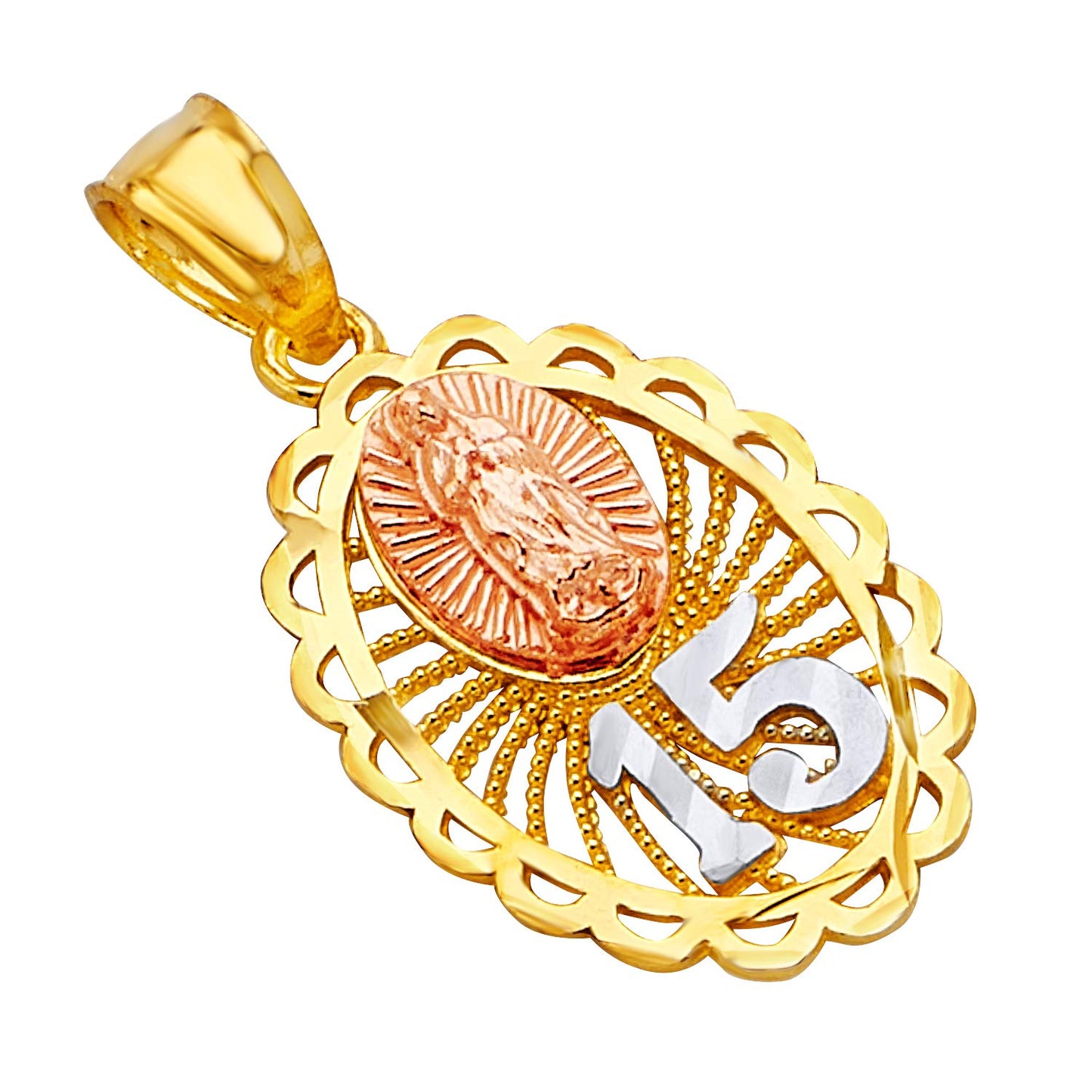 14k REAL Tri Color Gold 15 Years Charm Pendant