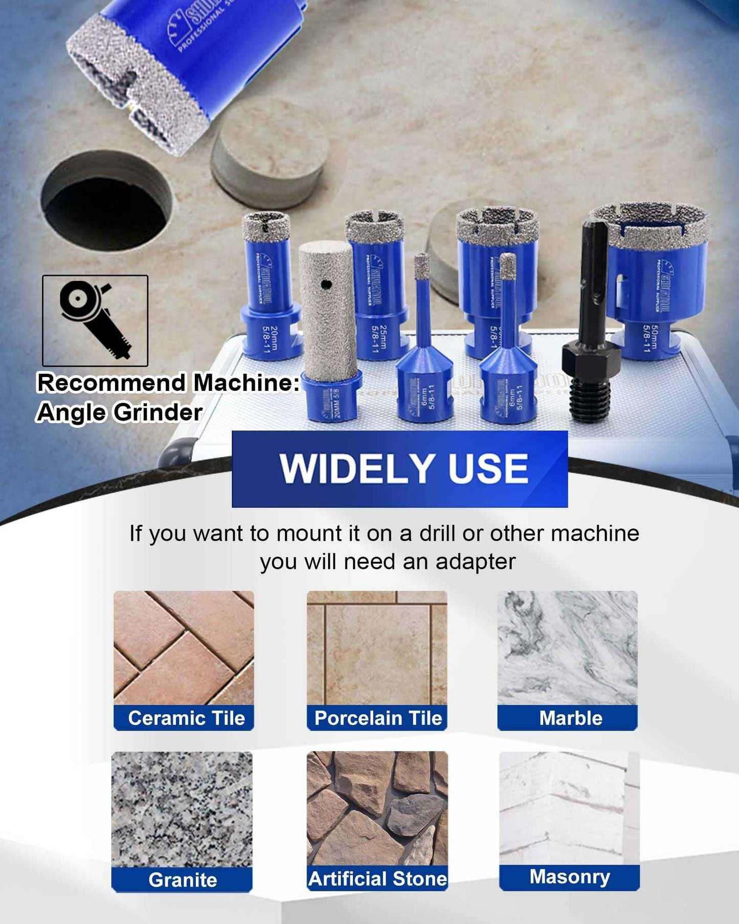 SHDIATOOL Diamond Core Drilling Bits Set for Porcelain Hole Saw Cutter for Tile Marble Ceramic Granite Kit 5/8-inch-11 8pieces