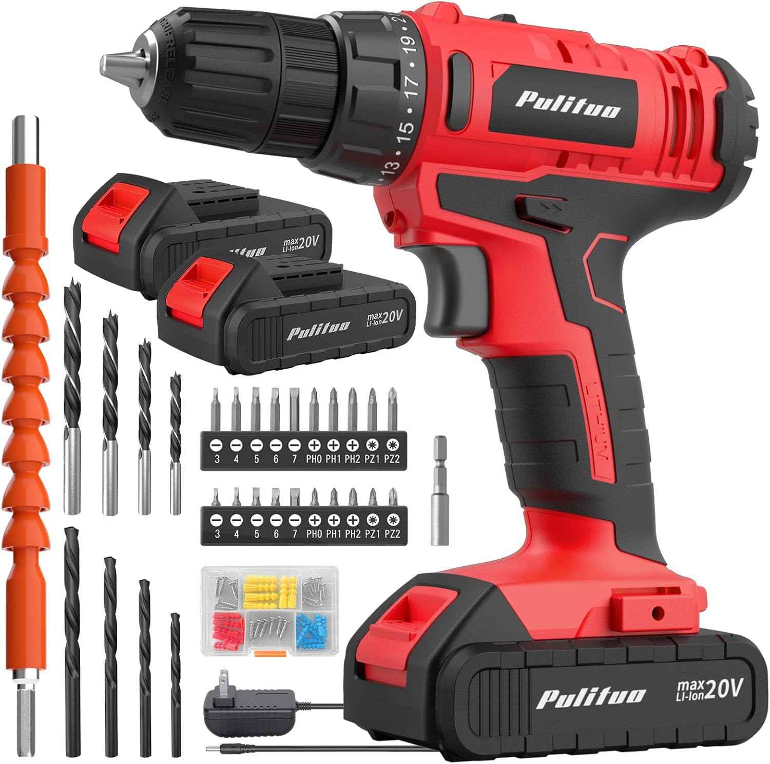 PULITUO'S 20V Cordless Drill/Driver, Electric Screwdriver - 2 Batteries, 30Nm, 21+1 Torque, 2 Speed, Keyless 3/8" Chase Drill with LED Light, Kit for Home (Green)