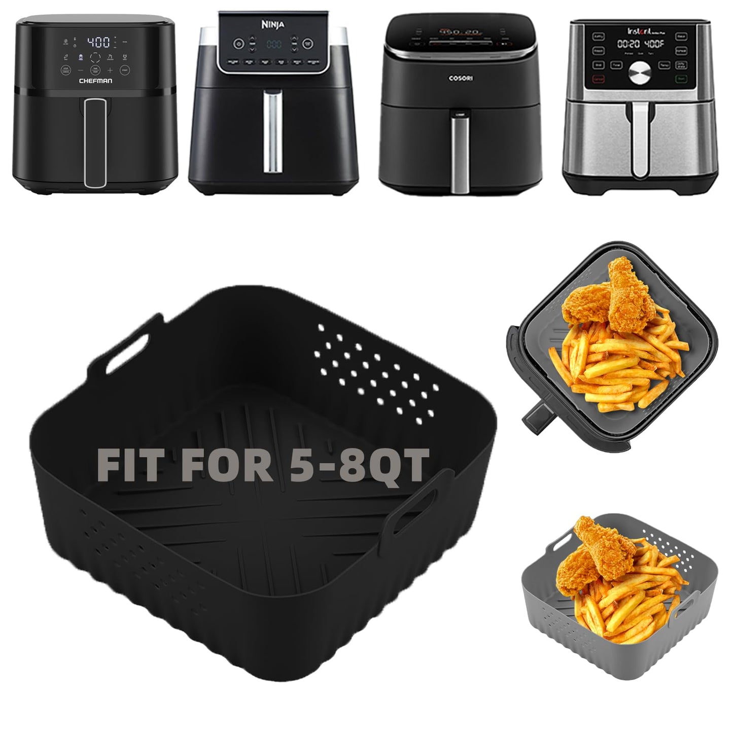 LYHOLKEER Air Fryer Liners Silicone for Chefman 6 QT,Instant Pot Vortex Plus 6QT XL,2PCS Square Air Fryer Silicone Basket Reusable for Ninja/Sweetcrispy/COSORI and Other 5-8QT,Airfryer Accessories