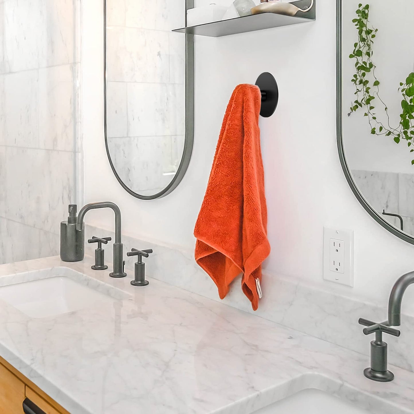 LJLink Modern Round Hook Matte Black Self Adhesive Wall Hook 2 Pack Stainless Steel Coat Hooks Towel Hanger for Kitchen Bathroom