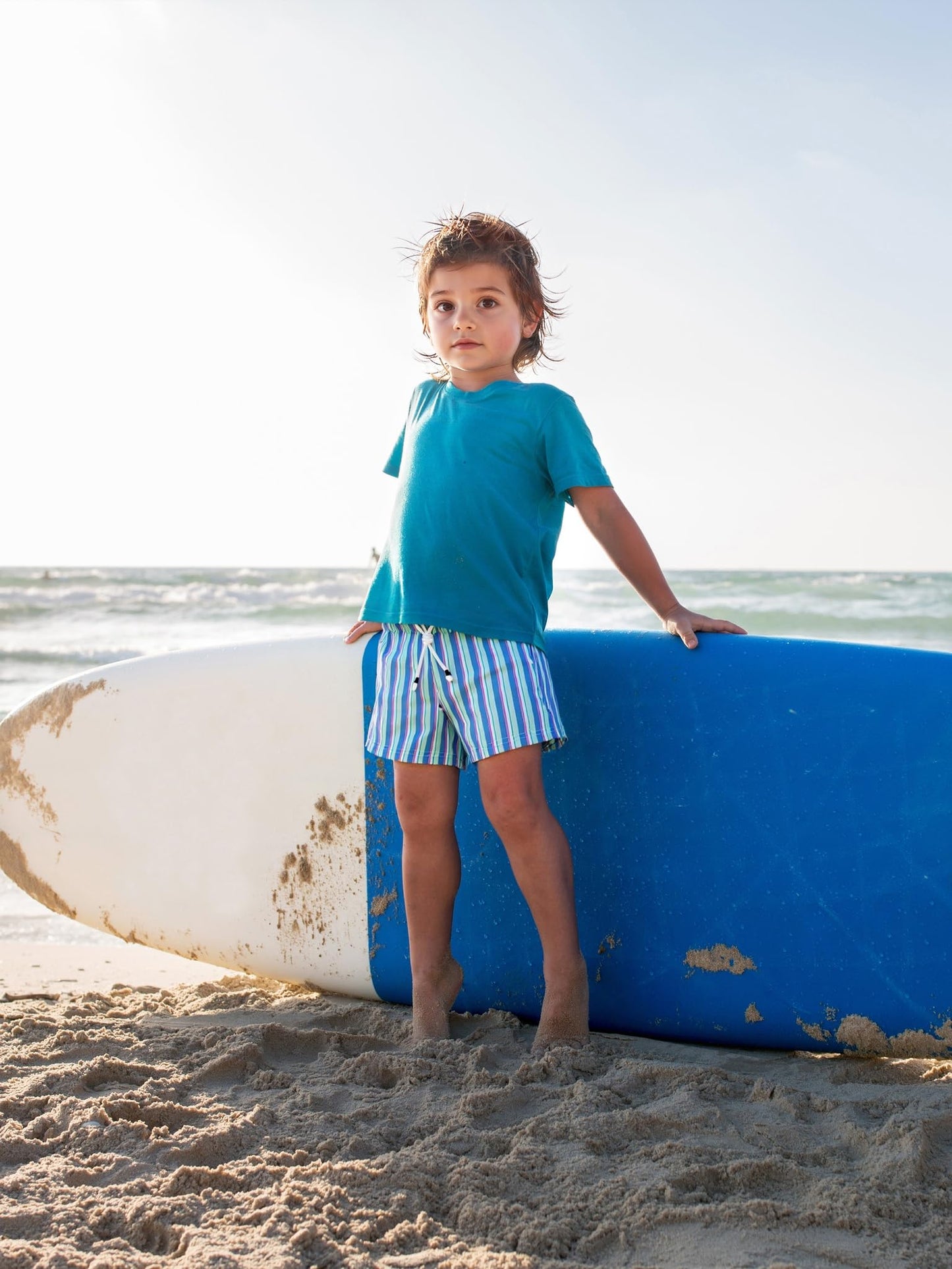 SURF CUZ Boys Swim Trunks with Boxer Brief Liner 2 in 1 Toddler Stretch Swimsuit Shorts Quick Dry Swimming Bathing Suit Blue Orange Stripes 10/12