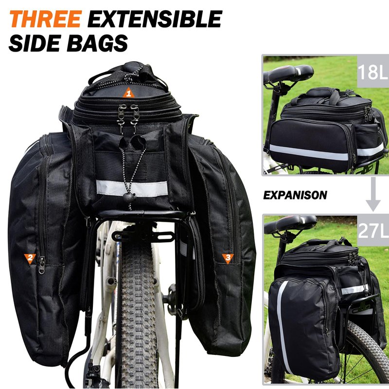 27L Adjustable Bike Pannier Bag with Hidden Rain Cover, 360° Reflective Strips, Multi-Functional Bicycle Saddle Bag for Grocery Shopping, Commuting, Cycling & Travel, Handheld & Crossbody Design