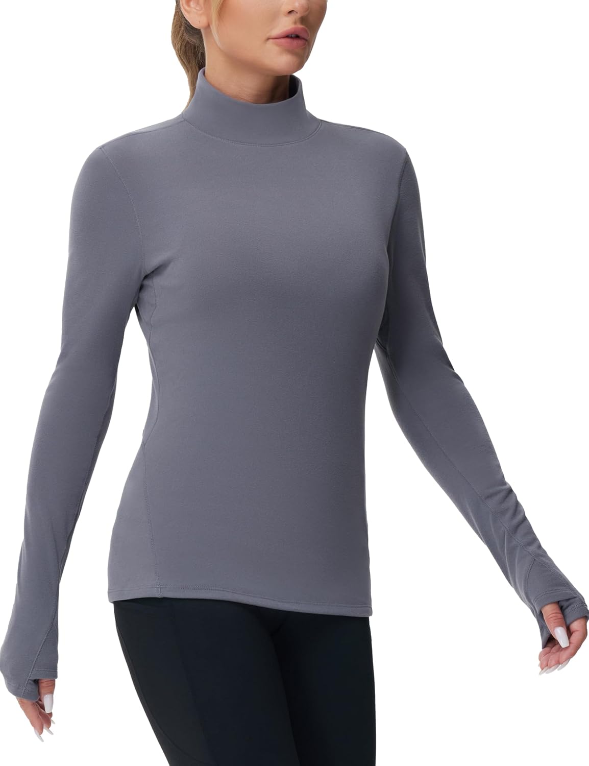 The Gym People Women's Fleece Thermal Mock Turtleneck Long Sleeve Shirt - Cozy Pullover with Thumb Hole