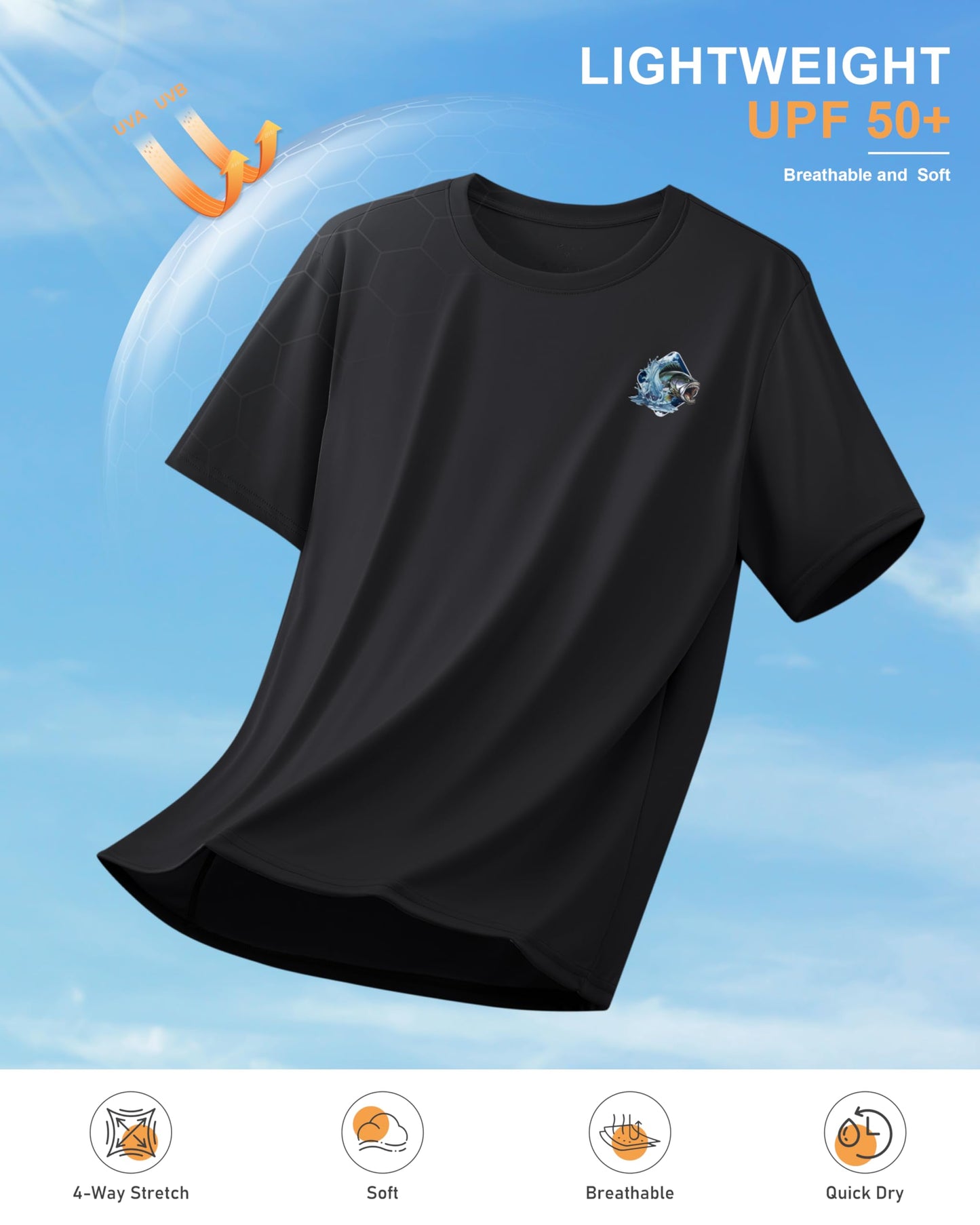 Pudolla Men's Fishing Swim Shirts Short Sleeve Sun Protection UV UPF 50+ SPF T-Shirt(Black_Background_Fish XL)