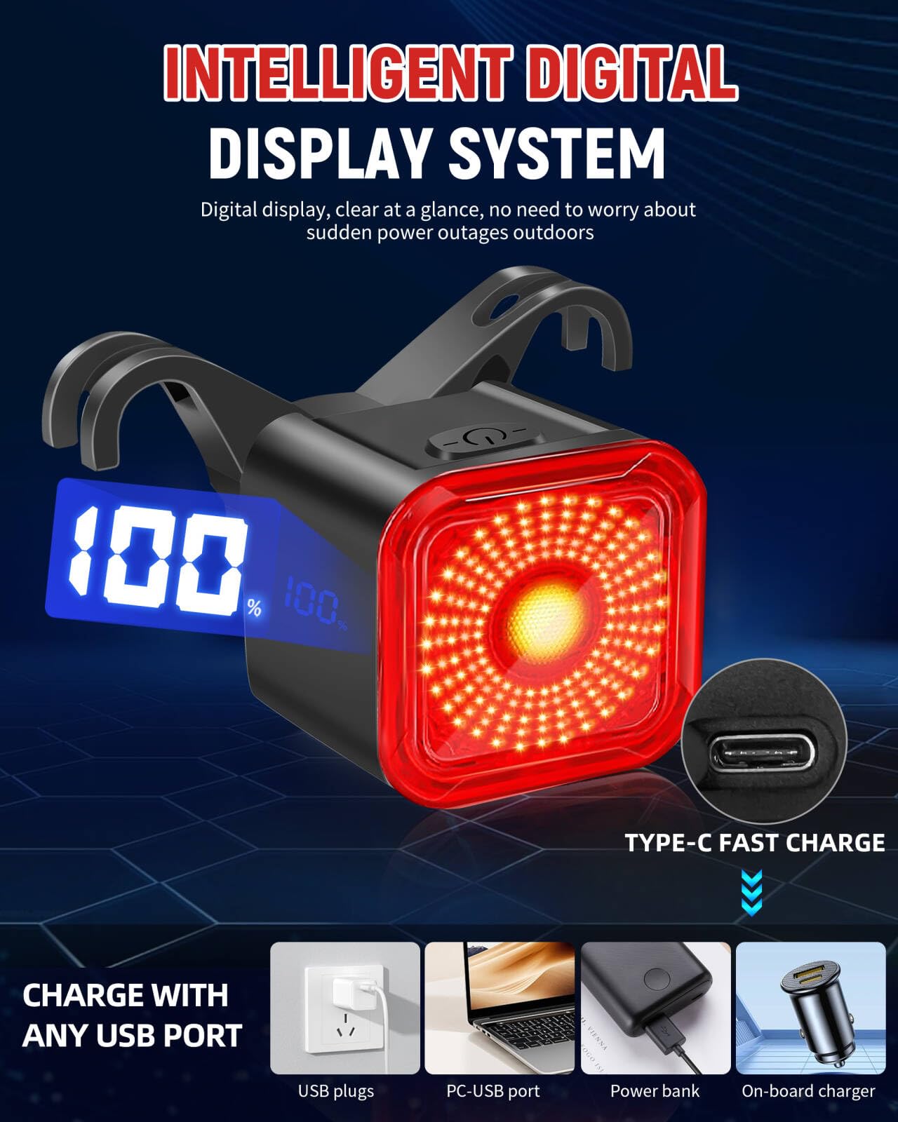 DARKBEAM Bike Tail Light with LED Display Screen, USB-C Rechargeable 6 Light Modes, IP55 Waterproof Bicycle Taillight for Night Riding, Super Bright Rear Bike Light for Road Mountain, 2 Pack