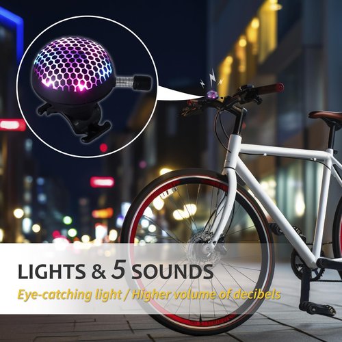 LEISPO Electric Bike Ring Bell - Loud Bicycle Horn for Adult Bikes 5 Sounds 100dB - Classic Bicycle Bells for Road Bike- Rechargeable & Water Resistant, Light Up Bike Bell for Kids & Adults (Black)