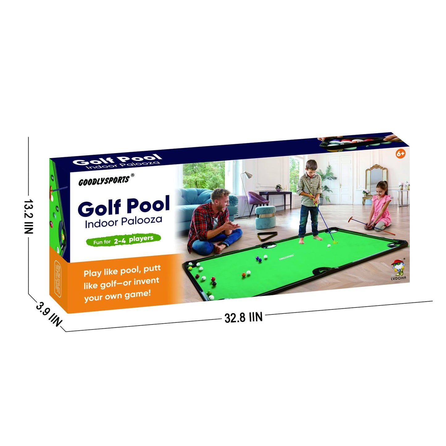 GOODLYSPORTS Pool Golf Indoor Family Game with Putting Mat 69.3 L x 57.5" W, Includes 2 Clubs, 16 Ball, 6 Holes, Golf Putting Mat Indoor Golf Game, Putting Green, Golf Games for Adults Indoor